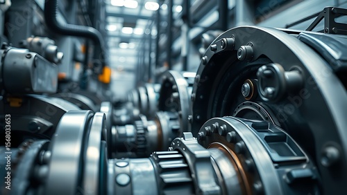 Industrial machinery components in a clean factory setting, showcasing precision and metal textures.