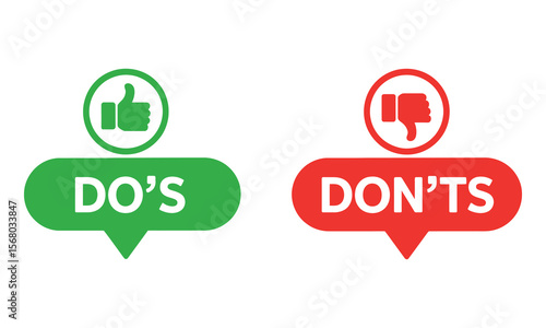 Dos and Donts Icons, Thumbs Up Symbol, Thumbs Down Sign, Green and Red Design