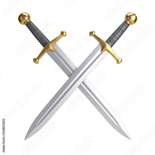 Clean Silver Twin Swords Crossing Illustration Golden Hilts on Transparent Background