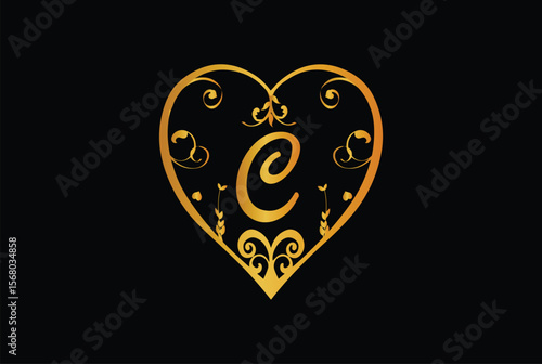 Letter C logo vector with royal heart in gold color