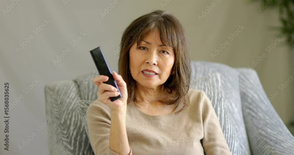 Attractive woman looking at camera using digital remote control changing channels on television using wireless device sitting on chair in home living room. Attractive woman looking at camera using digital remote control changing channels on television using wireless device sitting on chair in home living room.
