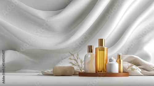 Golden cosmetic bottles and cream jar on a wooden tray.