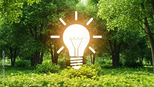 Glowing light bulb in green forest representing idea innovation nature technology harmony concept