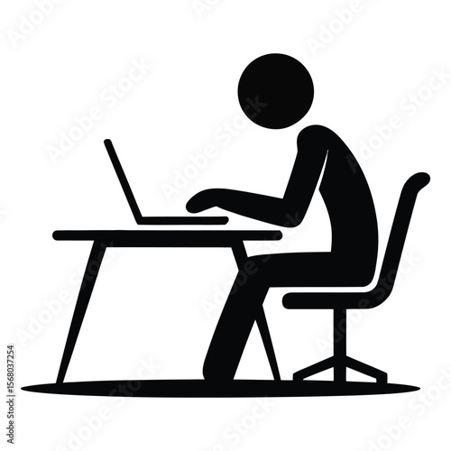 Black Stick Figure Person Working on Laptop at Desk Simple Icon human computer