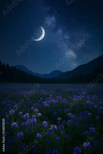 night landscape with moon and stars