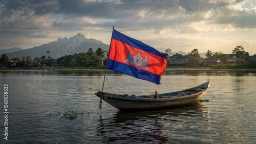 Flag Cambodia displayed on traditional wooden fishing boat floating on peaceful river waters during golden hour with mountain landscape backdrop