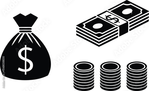 Wealth shown in moneybag stack of cash and coin piles silhouette black vector illustration