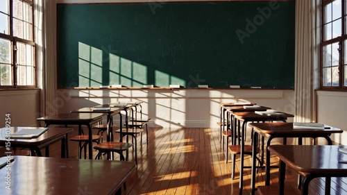 Animation empty school or university classroom with big chalkboard