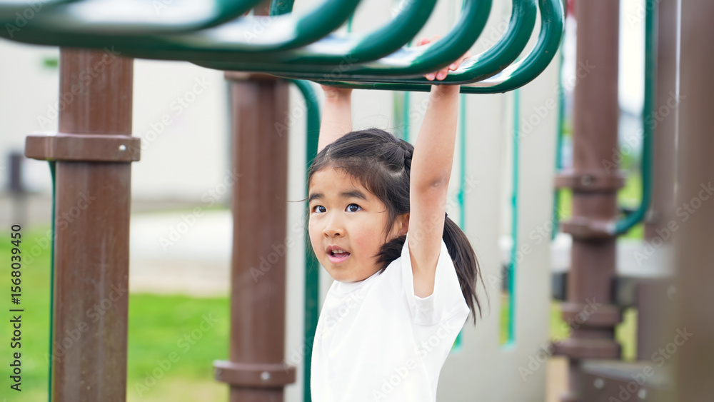 Obraz premium 公園の雲梯で遊ぶ女の子