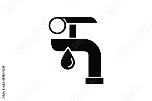 Simple black silhouette icon of a dripping water faucet symbolizing water conservation plumbing and essential household utilities on a clean white background