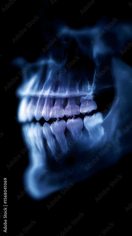 Detailed dental x ray revealing jawbone structure with a cool blue glow Detailed dental x ray revealing jawbone structure with a cool blue glow