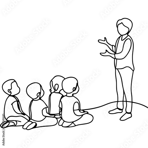 Person talking to a group of children in simple line art, black and white drawing. Person talking to a group of children provides educational content to eager learners.