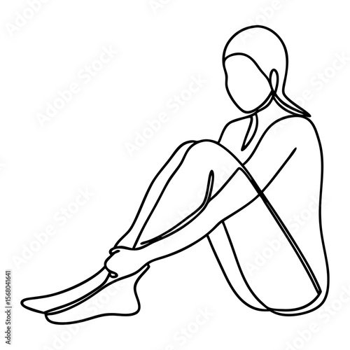 Person sitting with knees drawn to chest in minimalist line art on white backdrop. Seated person with knees drawn to chest shows a solitary figure captured in single continuous line.