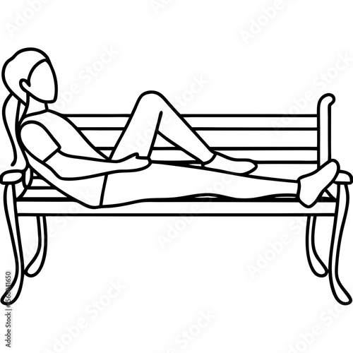 Person stretching legs on a bench depicted in minimalist line art. Person stretches legs, reclining casually on wooden bench, a restful scene captured with clean lines and essential forms.