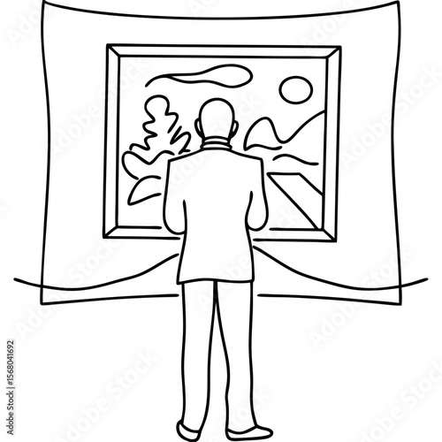 Person admiring artwork on museum wall in simple line drawing style. Artwork attracts attention, engaging viewer, creating reflective experience.