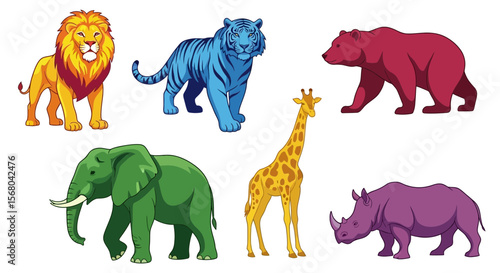 Vector colorful cartoon animals illustration featuring lion tiger bear elephant giraffe and rhinoceros drawing art 1