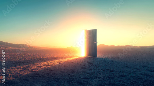 AI-Generated: Sunrise Door to New Beginnings - A Digital Art Exploration of Hope and Opportunity in a Desolate Landscape