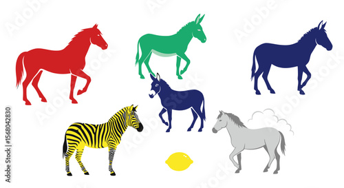 Vector colorful horses donkeys zebra and lemon vector illustration animal art graphic design equine illustration