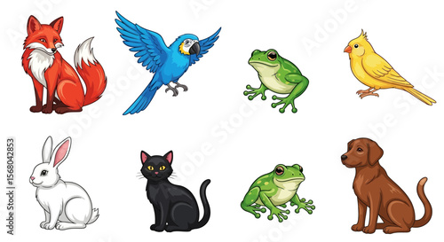 Vector cartoon animals illustration featuring fox parrot frog canary rabbit cat and dog vector graphic design art
