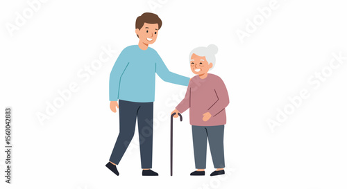 Young man assisting elderly woman with walking stick.
