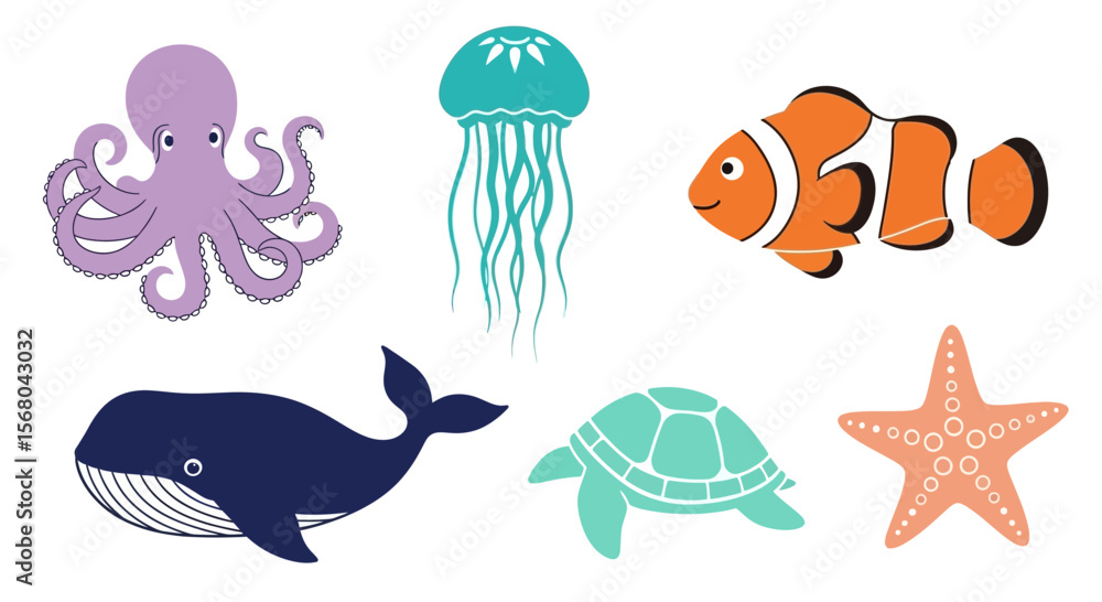Fototapeta premium Vector ocean animals illustration featuring octopus jellyfish clownfish whale turtle and starfish drawing design vector