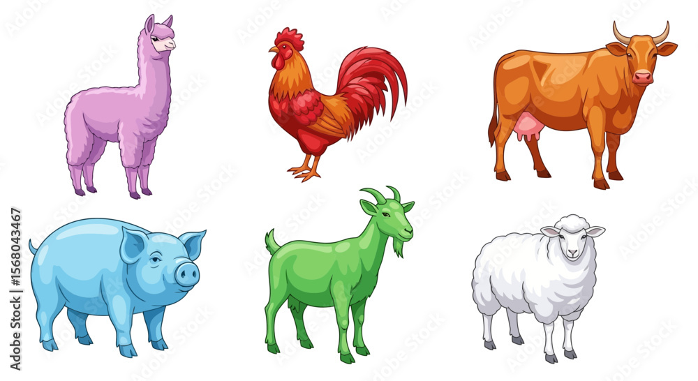 Fototapeta premium Vector cartoon farm animals illustration featuring cow goat pig sheep rooster and llama vector graphic design