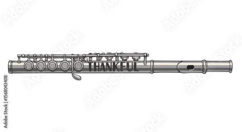A silver flute with the word "thankful" engraved on it.