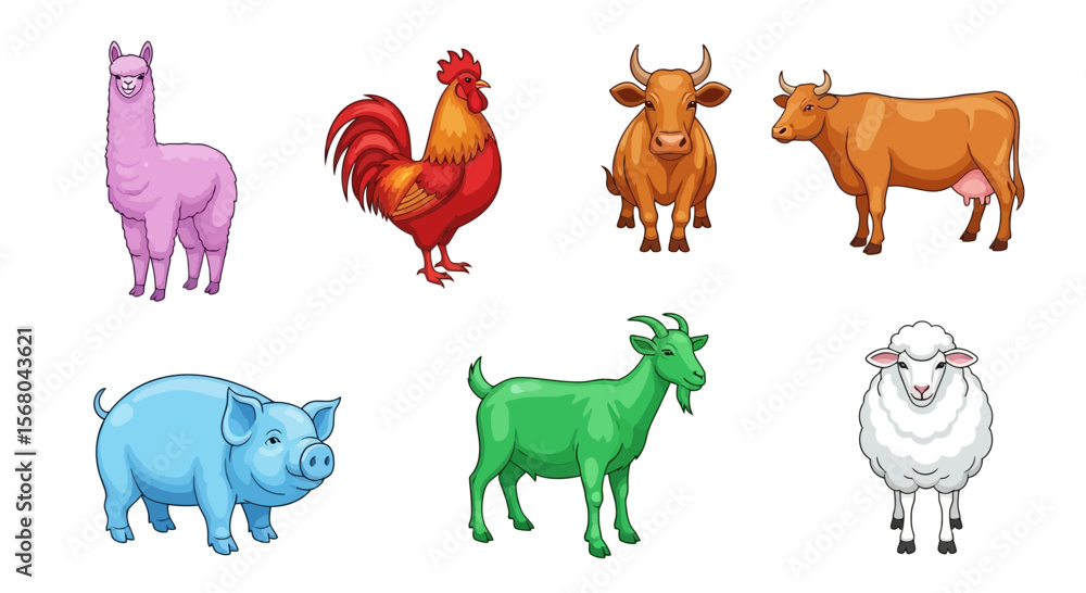 Fototapeta premium Vector illustration of farm animals including cow pig goat sheep rooster and llama vector graphic design
