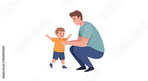 Father and toddler playing together during the baby's first step.