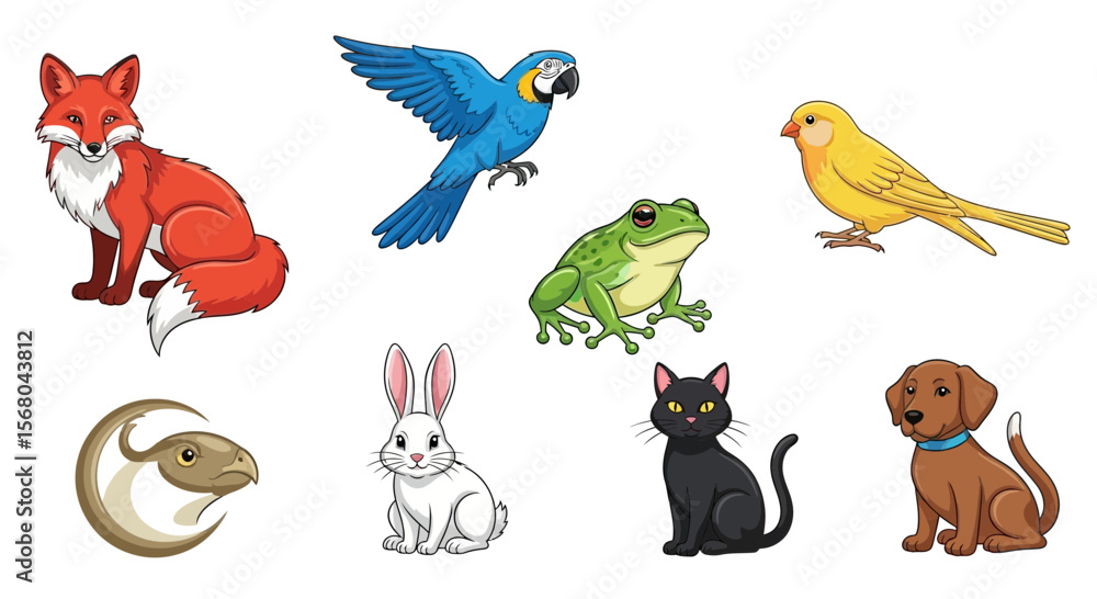 Fototapeta premium Vector cartoon animals illustration featuring fox parrot frog canary eagle rabbit cat and dog vector art for kids