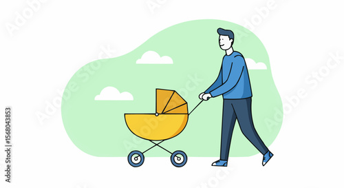 A father takes his baby for a walk using a stroller. 