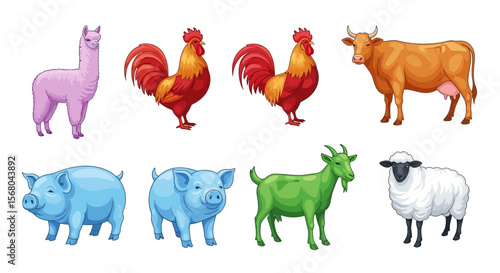 Vector farm animals illustration featuring cow, pig, sheep, goat, rooster and llama vector artwork design