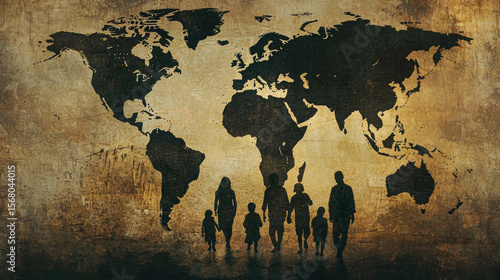 AI Generated Art: Family Silhouette Against World Map, Global Migration & Family Theme, Grunge Texture, Dark Tones, AI Art, Digital Painting