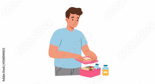 A man preparing a lunch box with care and attention to detail.