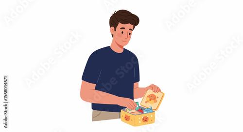 A young man opens his lunchbox, ready for a delicious meal. 