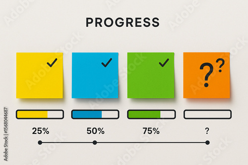 Set of sticky notes showing progress status from start to finish symbolizing project timeline task completion work plan productivity workflow checklist or milestone tracker for modern business visuals
