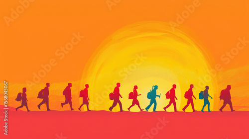 AI Generated Sunset Journey: Silhouetted Figures Walking Towards a Vibrant Horizon, Symbolizing Migration, Adventure, or a New Beginning.  A Digital Art Piece with Warm Colors and Dynamic Composition.