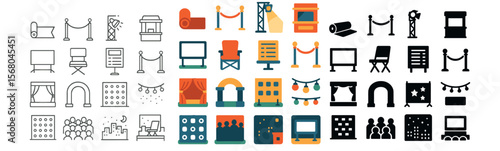 Cinema and theater icon collection, entertainment symbols. film and stage design set