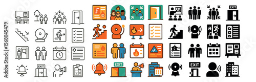 Emergency exit collection, safety and evacuation icons. escape route and alert symbols