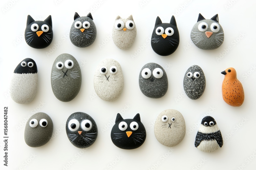 Fototapeta premium Cute painted stones with animal faces on white background