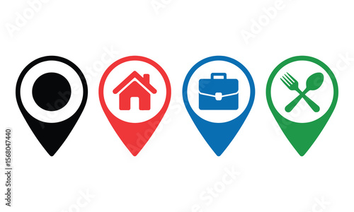 Location Markers Icons Set House, Job, Restaurant on Transparent Background, Isolated