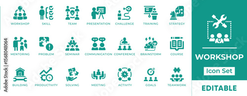 Workshop Icon Set. Features icons of training, group discussion, coaching, presentation, and tools. Perfect for seminars, education, and corporate learning.