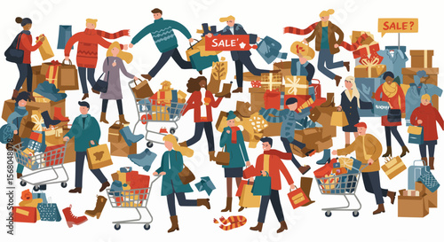 Shoppers rushing through a bustling sale event, overflowing with purchases and excitement.