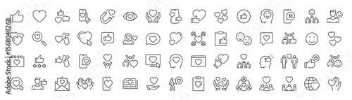 Like and Thumbs up icons in line style. Liked, social media, appreciation, networking, friends, comment, share, user, profile, support. Collection. Vector illustration.