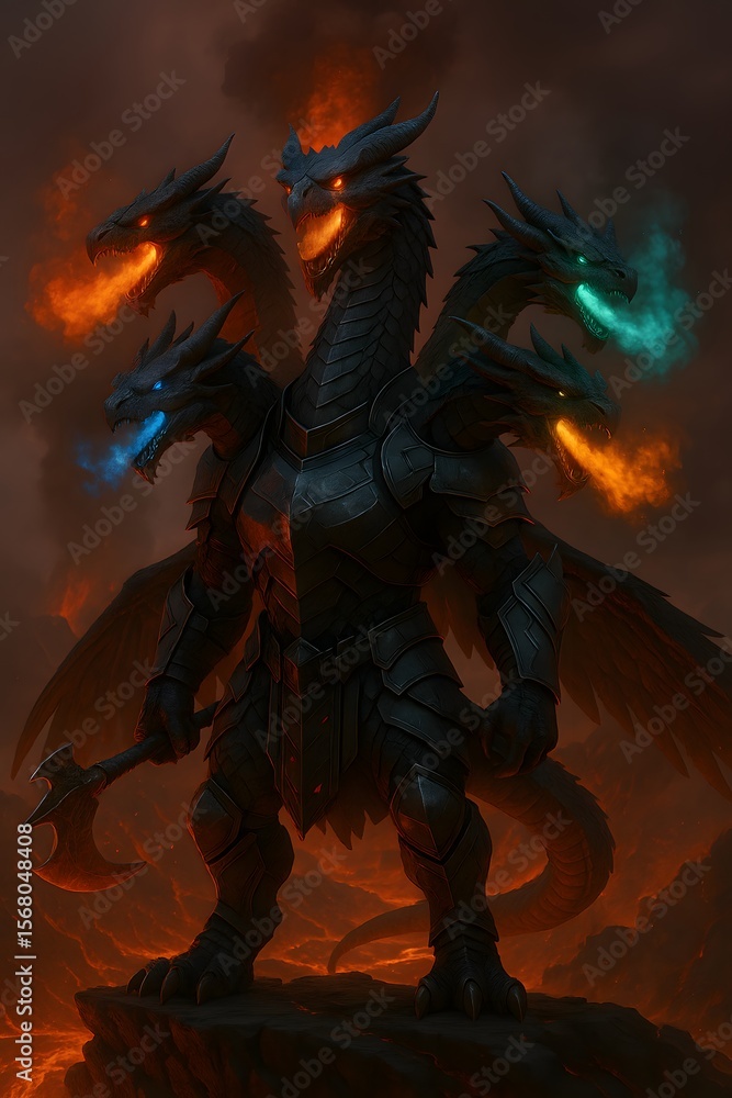 Fototapeta premium Dragon Warrior with Multiple Heads and Fiery Breath