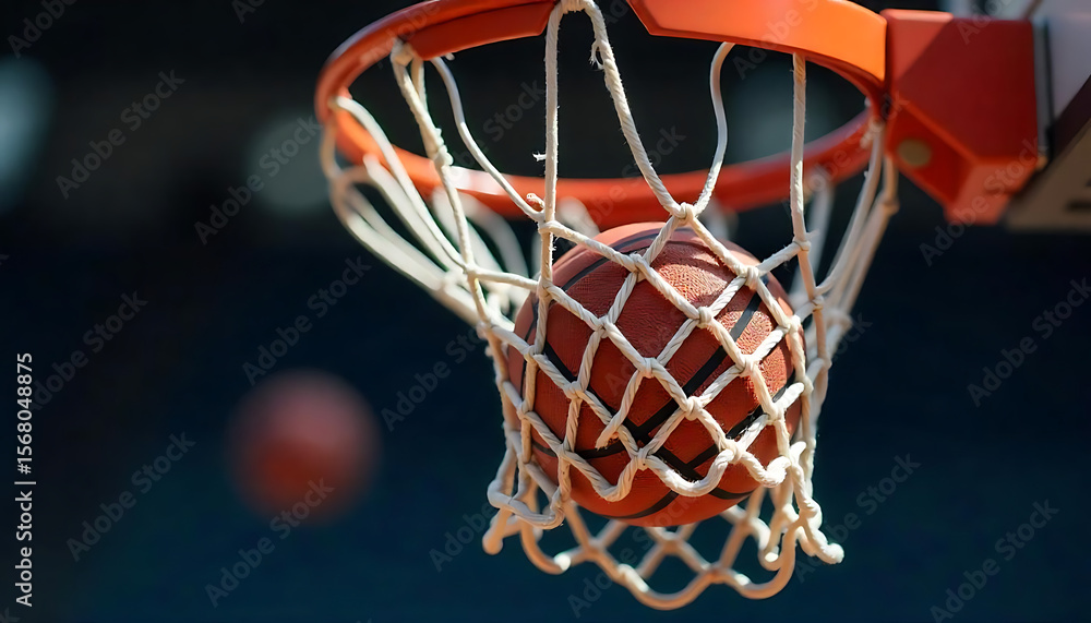 A basketball swishing through a white net attached to an orange hoop with a blurred background view A basketball swishing through a white net attached to an orange hoop with a blurred background view