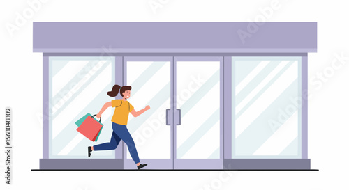 A person running toward a store with shopping bags in hand.