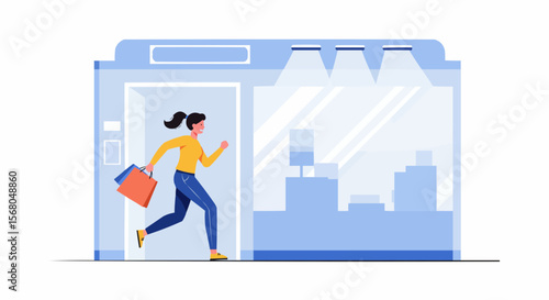 Excited shopper rushes out of a store with shopping bags.