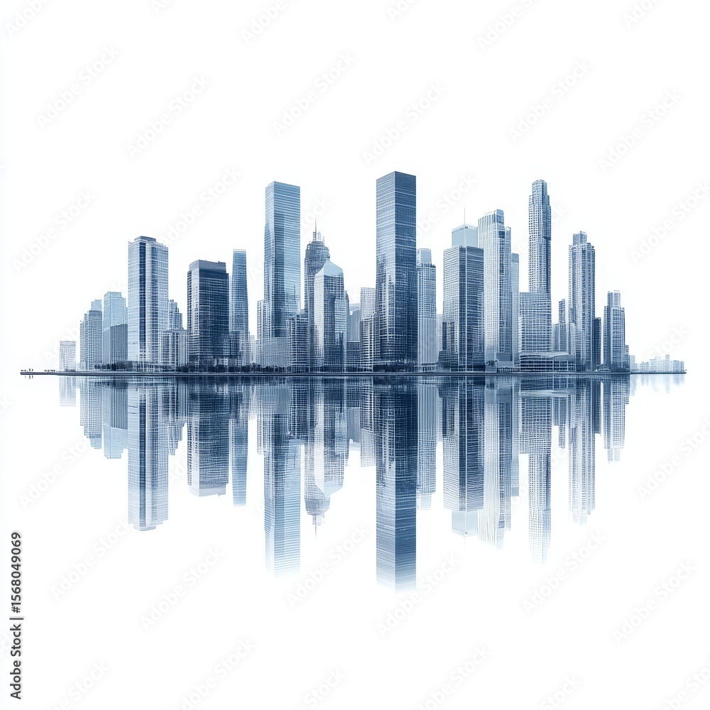 Fototapeta premium A detailed digital illustration of a modern city skyline with high-rise buildings reflected on a calm water surface.