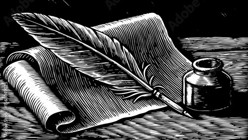 A vintage quill and ink bottle on a parchment scroll, perfect for historical education or poetry-themed graphics vector a black and white line art illustration